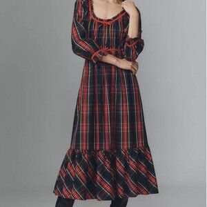 Pink City Prints Midnight Tartan Agatha Dress Scoop-Neck Ruffle-Hem Midi XL